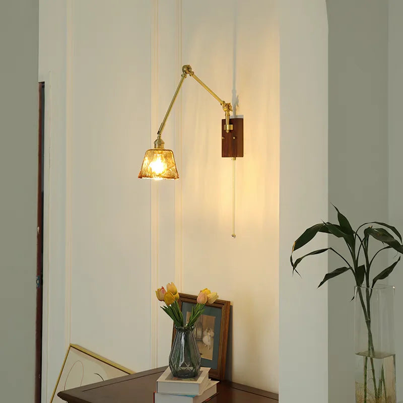 Afralia™ Wood LED Wall Light with Pull Chain Switch & Rotatable Amber Glass