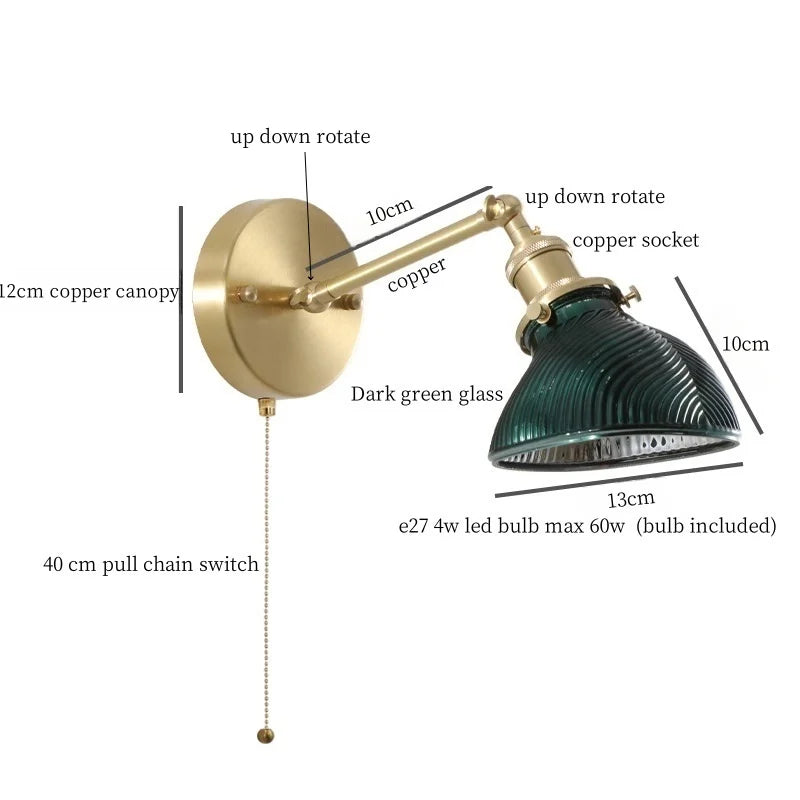 Afralia™ Green Glass LED Wall Sconce, Pull Chain Switch, for Bedside, Bathroom, Living Room