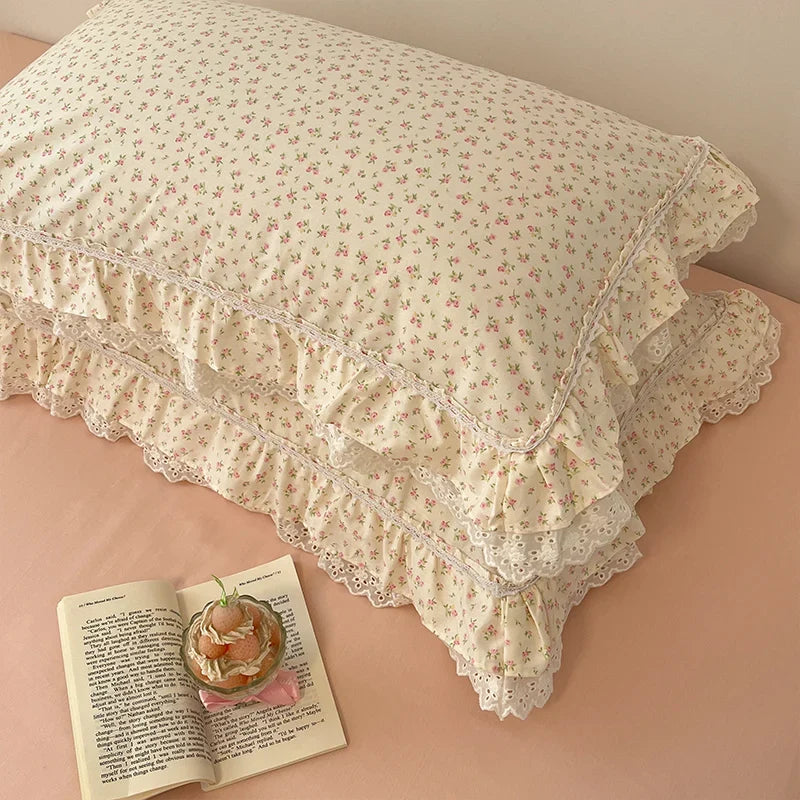 Afralia™ Princess Style Flowers Lace Ruffles 100% Cotton Bedding Set - 4Pcs