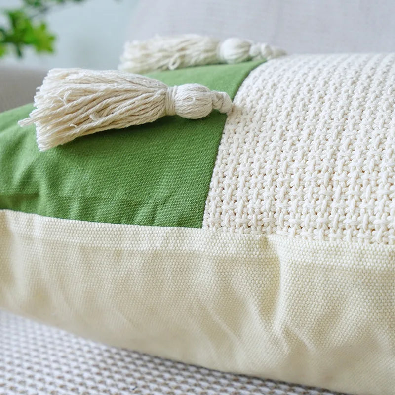 Afralia™ Tulip Embroidered Pillowcase Green Crochet Tassel Cushion Cover 45*45cm