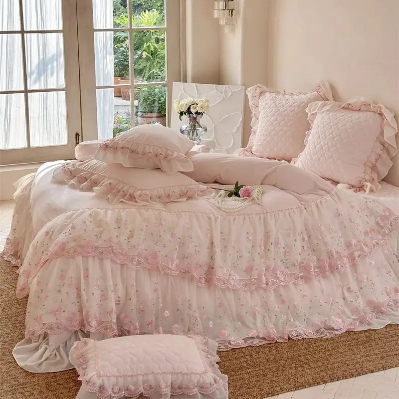 Afralia™ Winter Velvet Princess Bedding Set with Lace Ruffles and Quilted Bed Skirt