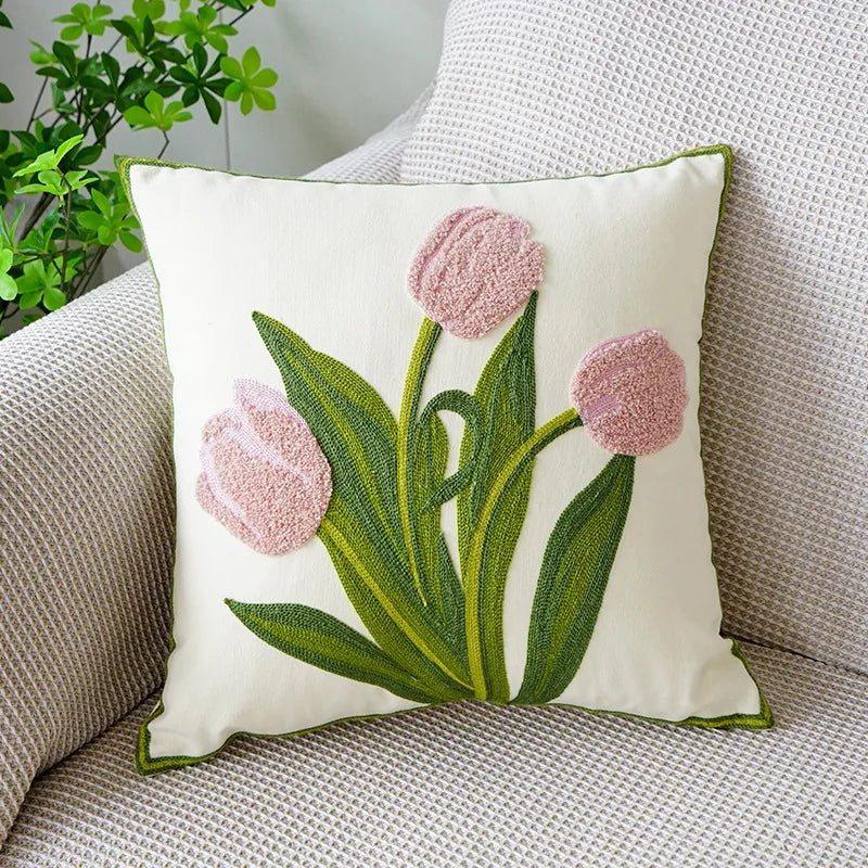 Afralia™ Tulip Embroidered Pillowcase Green Crochet Tassel Cushion Cover 45*45cm