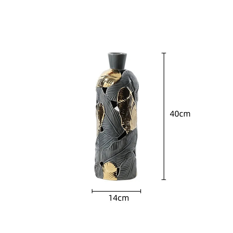 Afralia™ Feather Pattern Ceramic Vase in Gray and Gold - Home Decor Accent