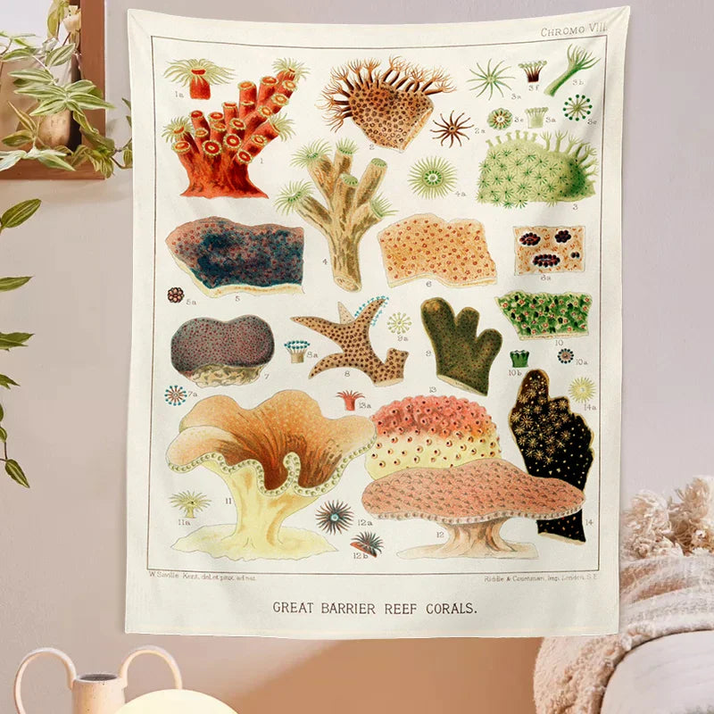 Afralia™ Mushroom Botanical Tapestry Wall Hanging Identification Chart Floral Print Illustration