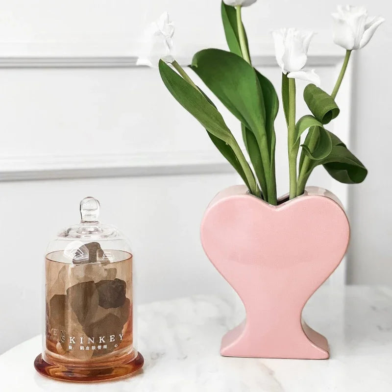 Afralia™ Heart-shaped Pink Hearts Porcelain Vase - Handicraft Ornament & Home Decor