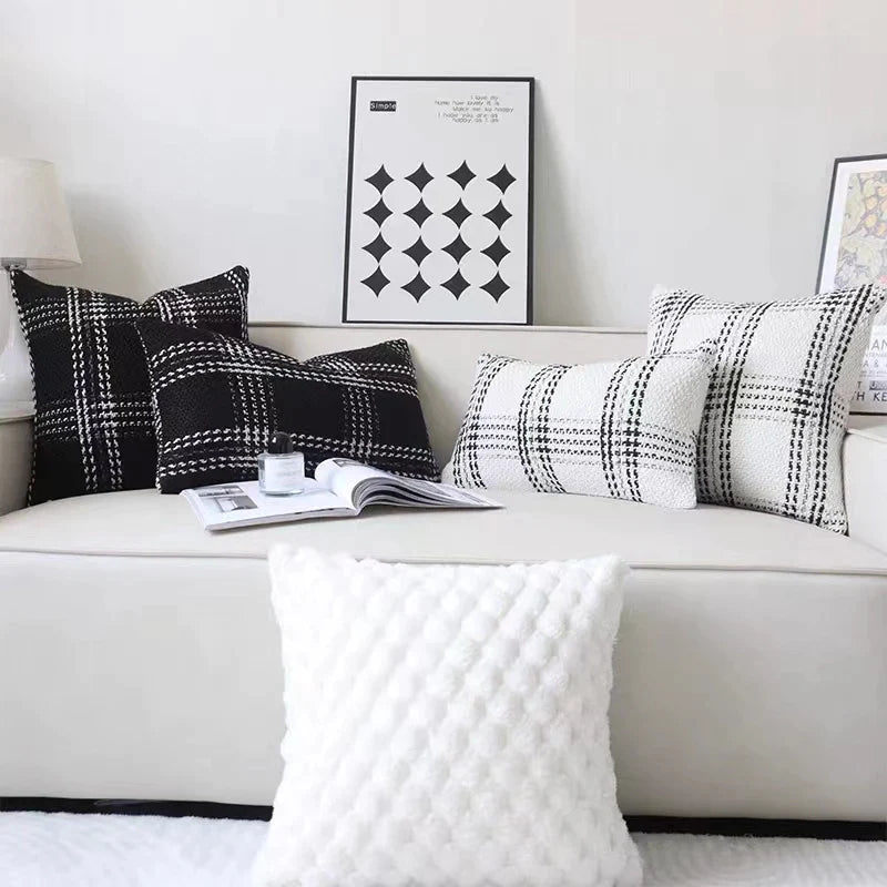 Afralia™ Geometric Plaid Woven Cushion Cover - Black and White Crochet Pillow Case