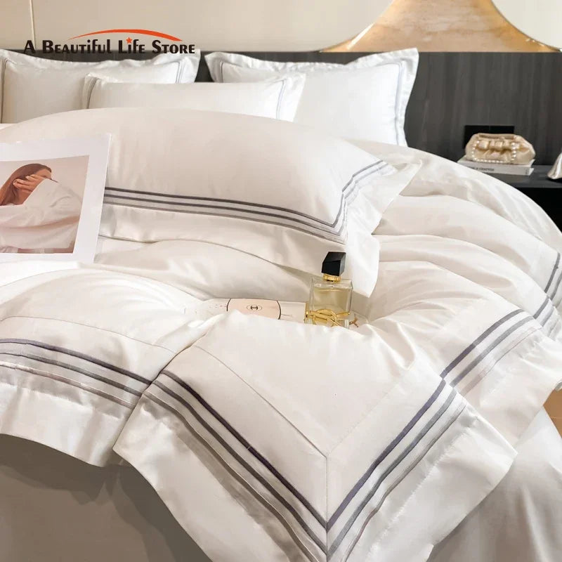 Afralia™ Luxury Hotel Bedding Set | Cotton | Queen King Size | Embroidered Solid Color