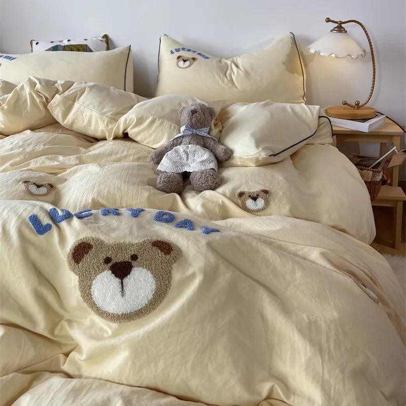 Afralia™ Lovely Bear & Sheep Embroidered Bedding Set - Duvet Cover, Sheets, Pillowcase