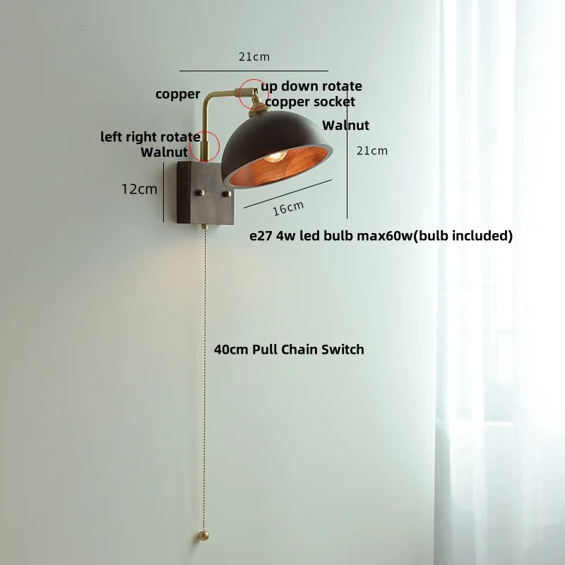 Afralia™ Walnut Wood LED Wall Sconce Vintage Copper Toggle Switch Light