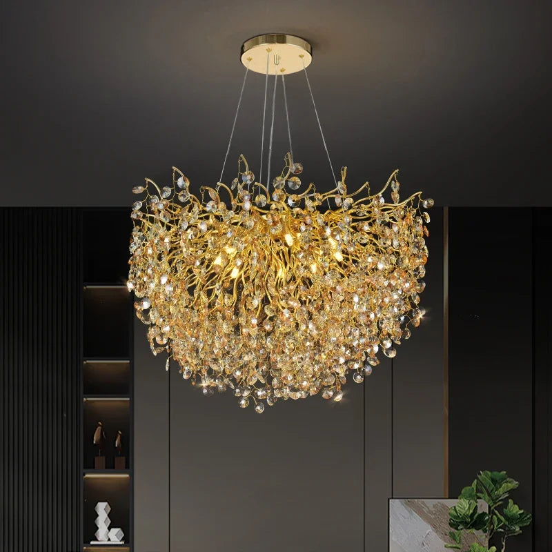 Afralia™ Golden Dendrite Crystal LED Ceiling Chandelier - Luxe Living Room Lighting