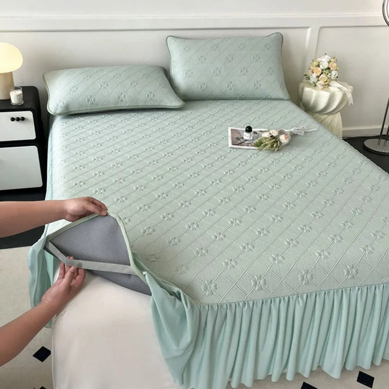 Afralia™ Ice Bean Jacquard Bed Skirt Set - 3 Piece, Summer Washed Mattress Mat