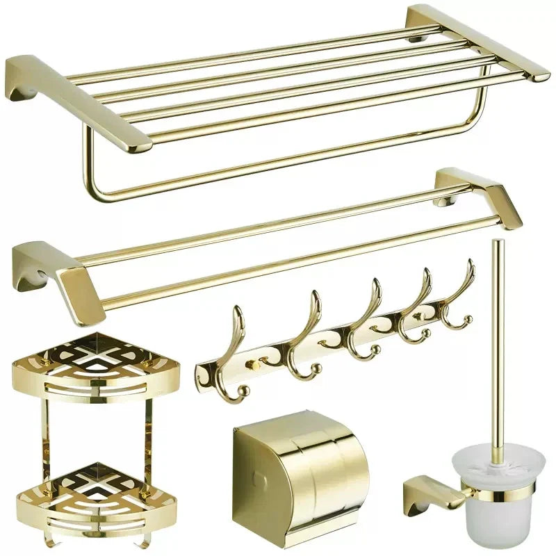 Afralia™ Gold Bathroom Hardware Set: Towel Rack, Shelf, Paper Holder, Towel Holder, Toilet Brush Holder
