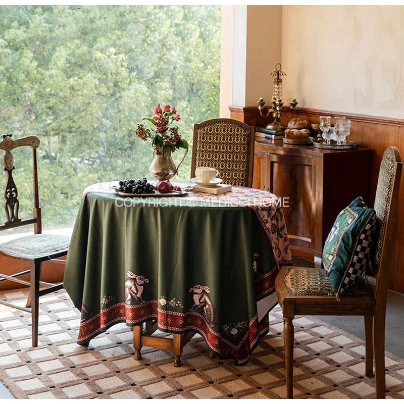 Afralia™ Velvet Tablecloth: Retro Green Rabbit Print Luxury Table Cover