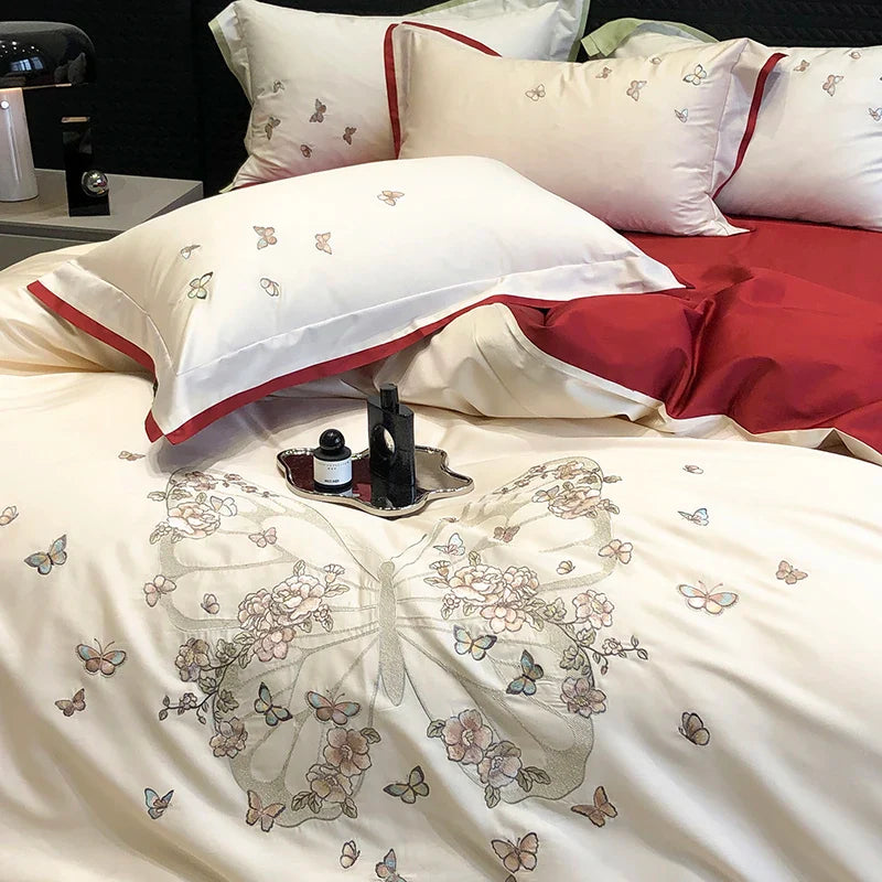 Afralia™ Butterfly Flowers Embroidery Wedding Bedding Set 1000TC Egyptian Cotton Duvet Cover