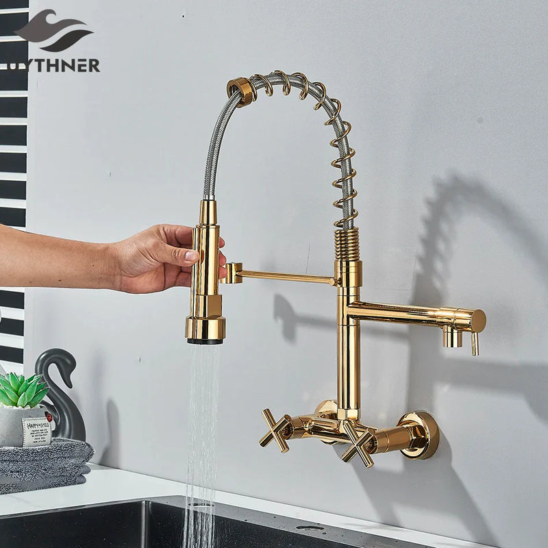 Afralia™ Gold Black Kitchen Faucet Wall Mount Pull Down Tap Dual Swivel Spouts