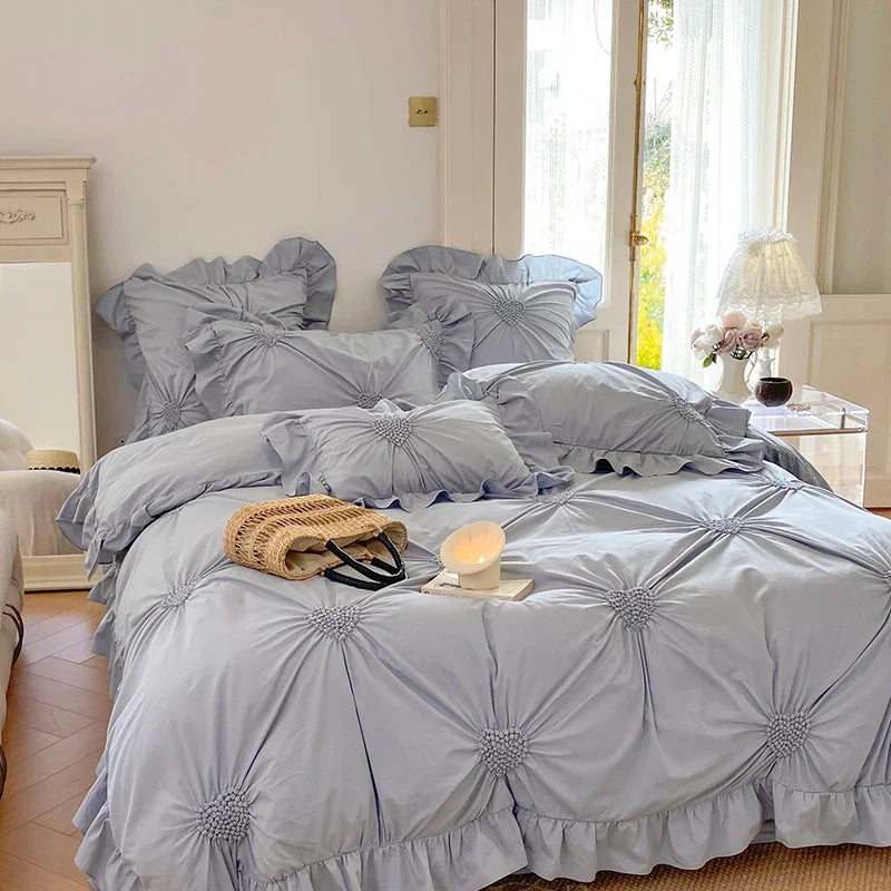 Afralia™ Korean Princess Style Pure Cotton Bedding Set with Ruffles and Heart Pleat