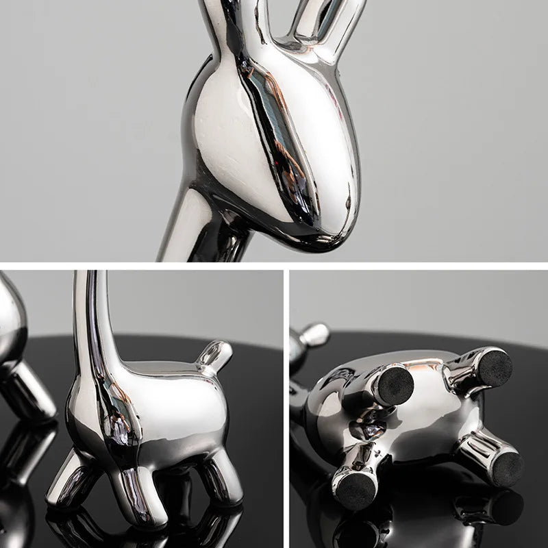 Afralia™ Silver Ceramic Deer Reindeer Figurines for Modern Home and Office Decor