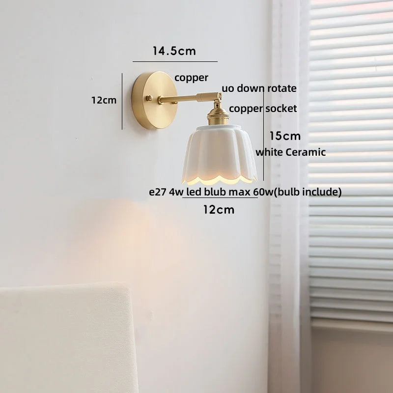 Afralia™ Copper Wall Light Fixture Bedroom Bedside Sconce White Ceramic Lamp