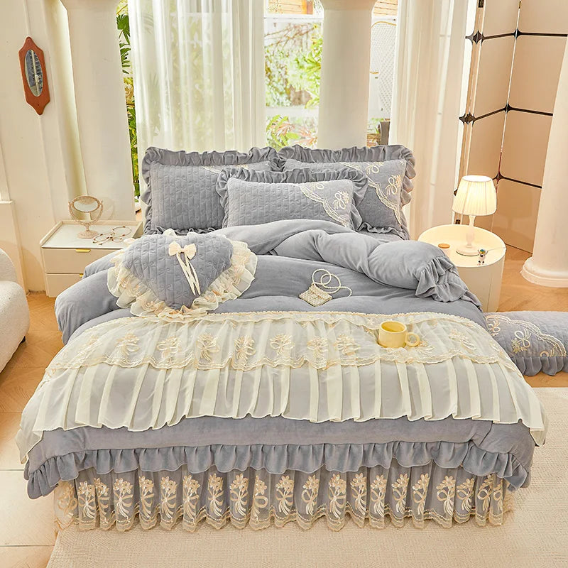 Afralia™ Princess Burgundy Red Velvet Bedding Set - Duvet Cover, Bed Skirt, Bedspread, Pillowcases