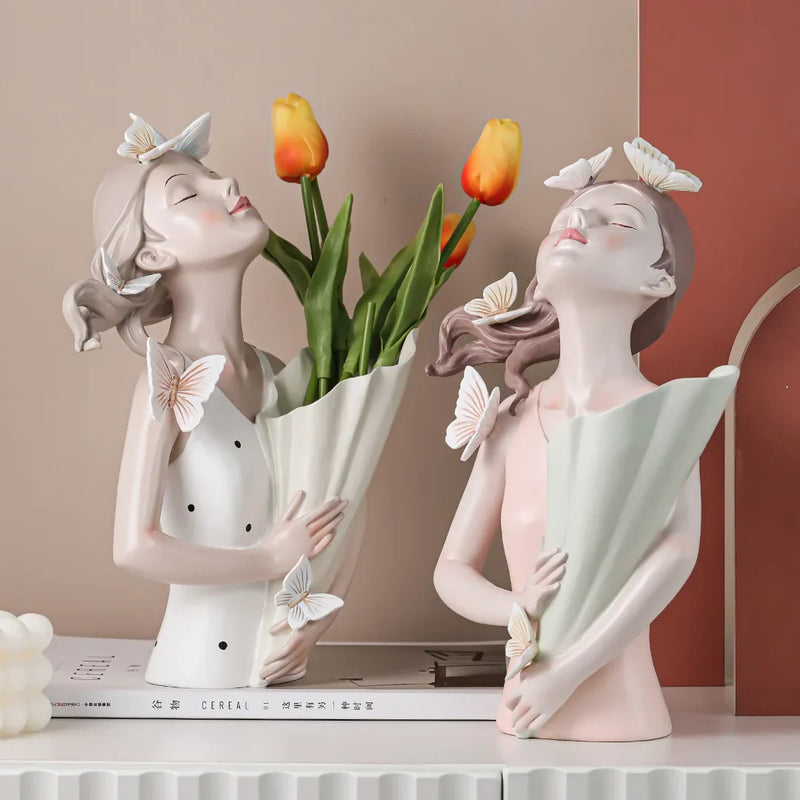 Afralia™ Butterfly Girl Sculpture Vase Set - Modern Decorative Resin Flower Ornaments