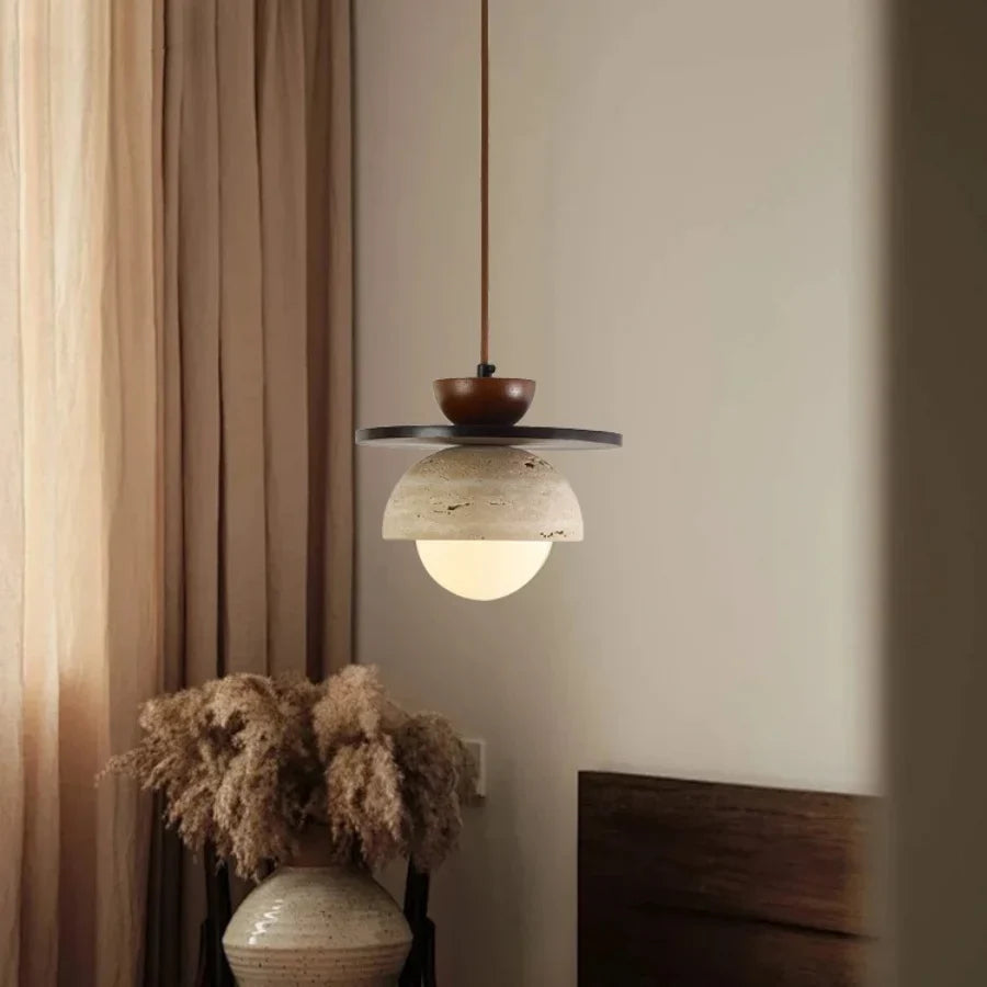 Afralia™ Glass Ball LED Pendant Lamp for Coffee Living Dining Room with Natural Wood and Stone