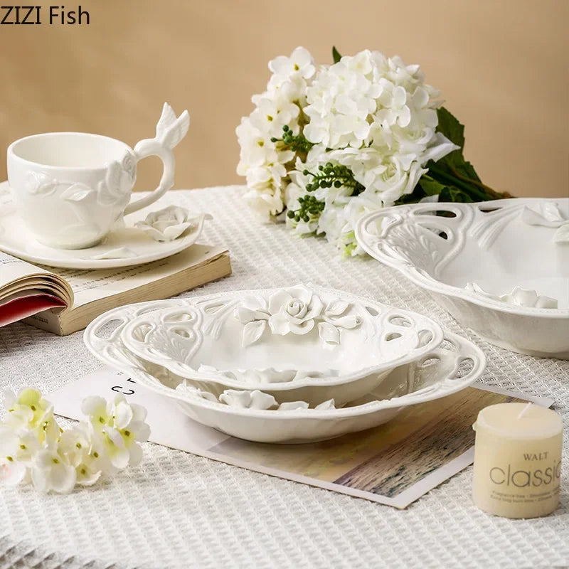 Afralia™ Rose Floral Ceramic Cup&Saucer Set for Elegant Dining and Coffee Enjoyment