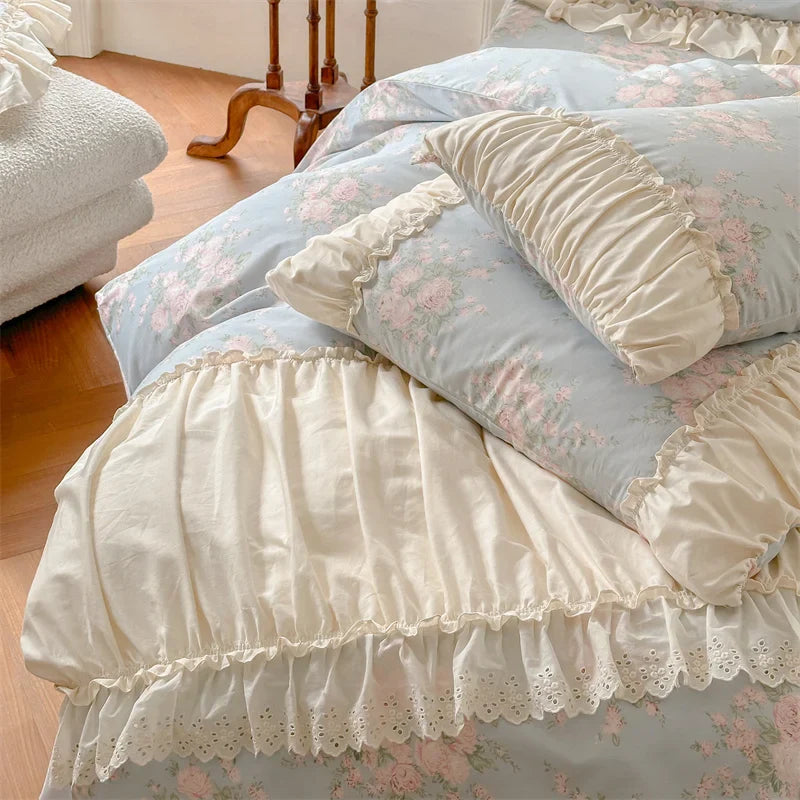 Afralia™ French Floral Bedding Set: Vintage Country Flowers with Ruffles, Duvet Cover, Flat Sheet & Pillowcases