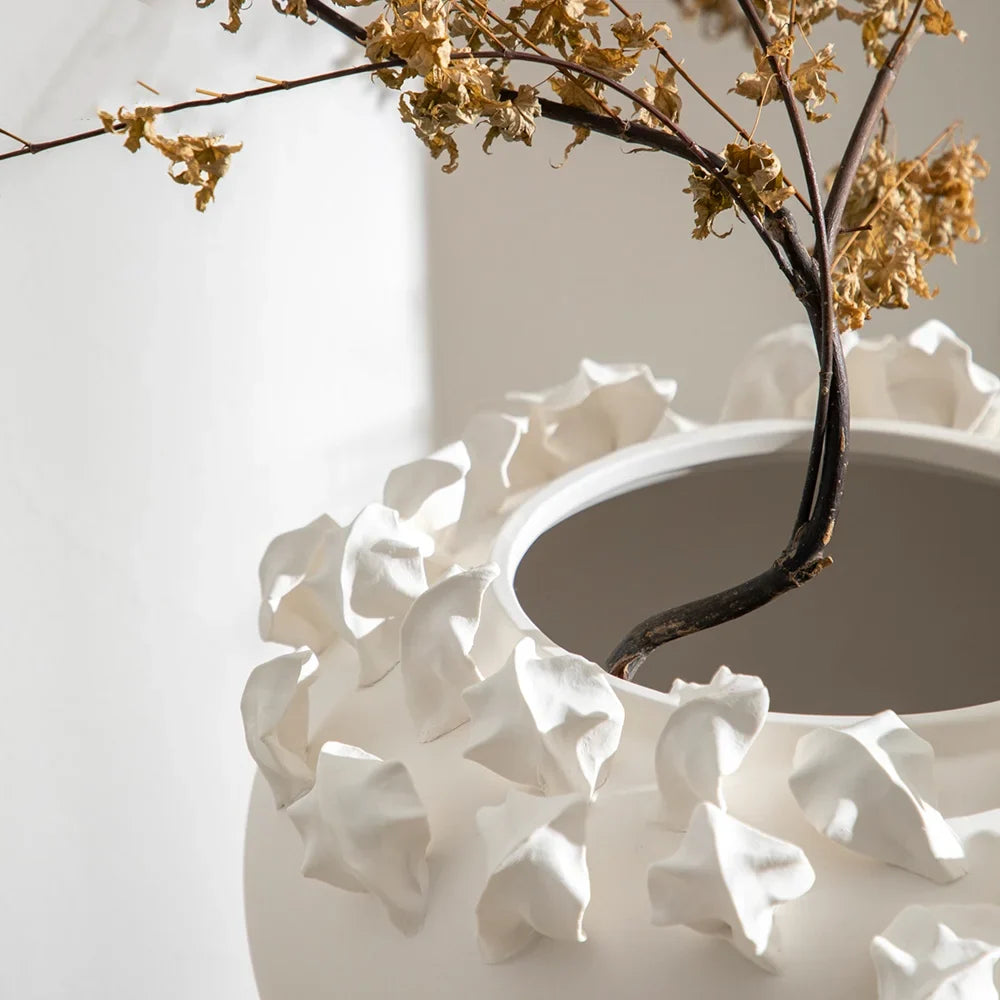 Afralia™ Embossed Flower Vintage White Porcelain Vase - Home Decor Accent