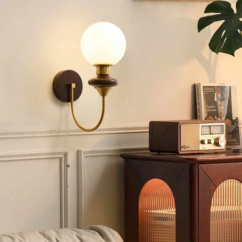 Afralia™ Wood Glass LED Wall Sconce Pull Chain Switch Bathroom Vanity Light