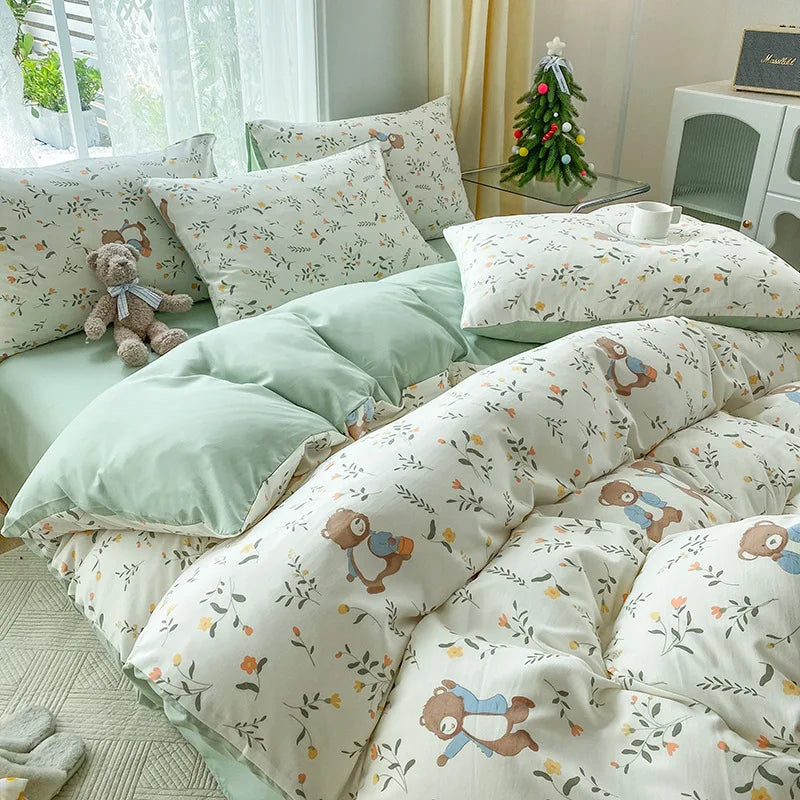Afralia™ Cartoon Heart Plant Floral Print 3Pcs Set (Duvet Cover + Pillowcases)