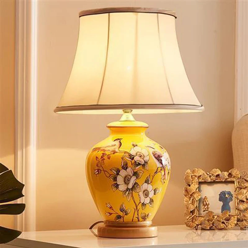 Afralia™ Luxury Ceramic Flower Pattern LED Table Lamp for Home Living Room and Bedroom