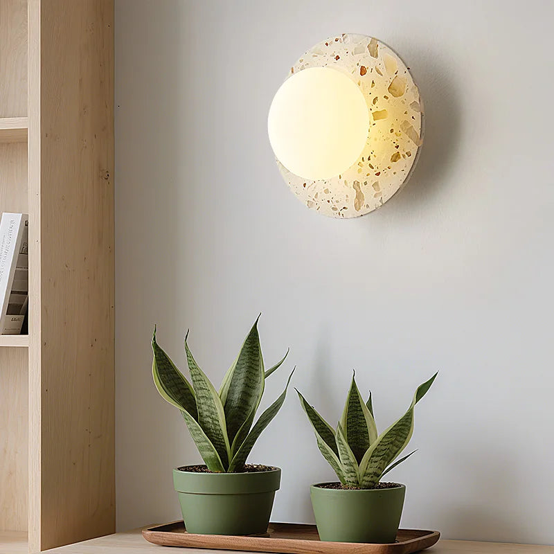 Afralia™ Terrazzo Stone Glass LED Wall Light Fixture with Pull Chain Switch
