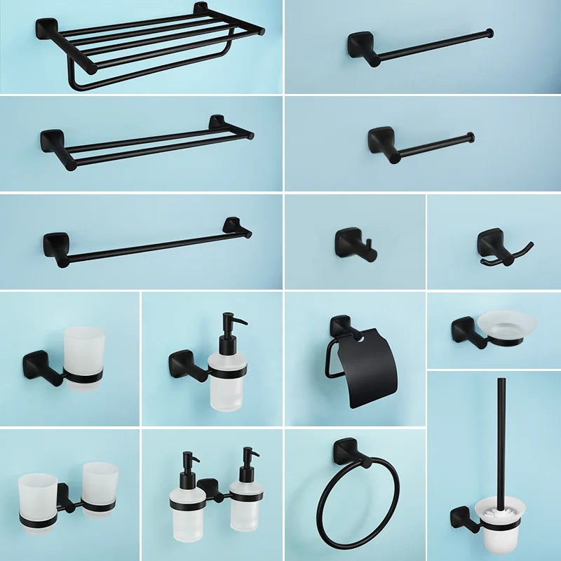 Afralia™ Matte Black Bathroom Accessories Set - Stainless Steel Wall Mount Towel Bar Toilet Paper Holder Hooks