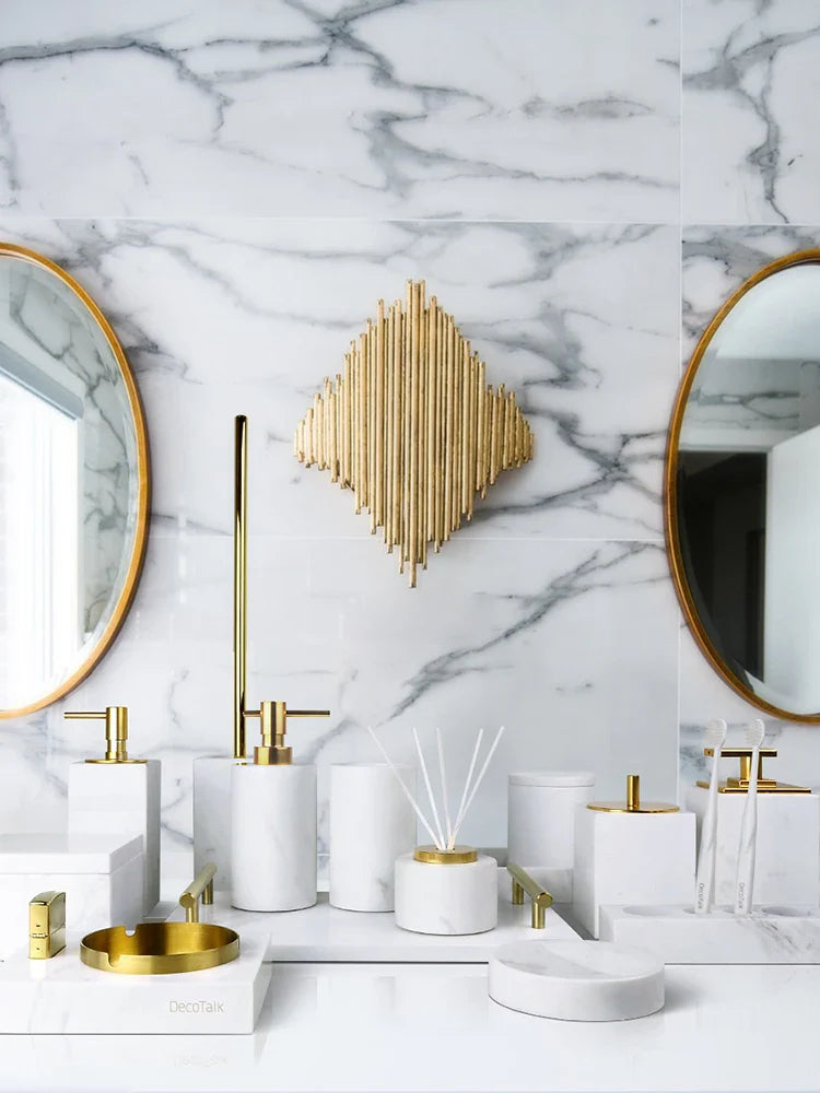 Afralia™ Volakos White Marble Bathroom Set: Soap Dispenser, Makeup Rack, Vanity Tray