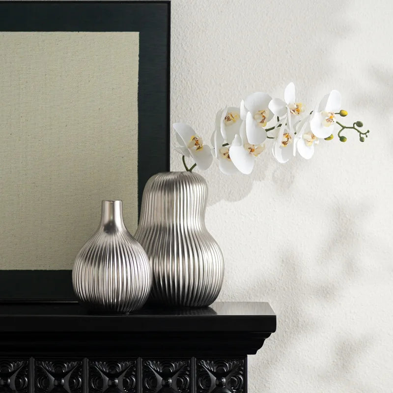 Afralia™ Silver Ceramic Vase with Fruits and Geometric Stripes