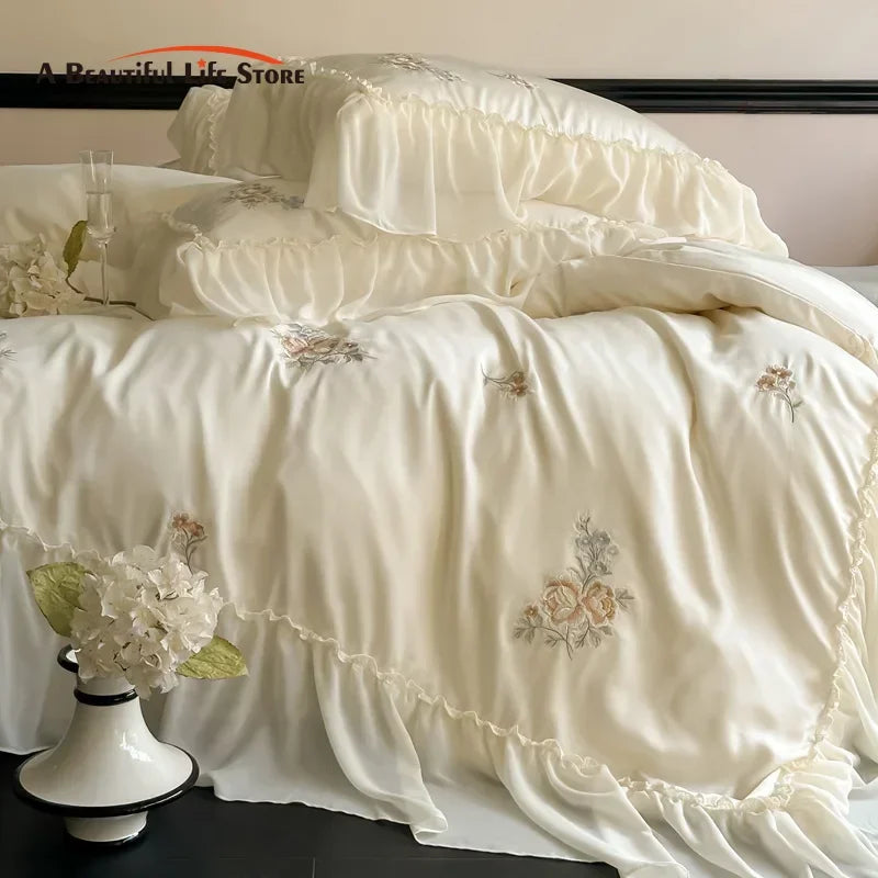Afralia™ Flowers Embroidery Lace Ruffles Bedding Set in Soft Lyocell Fabric