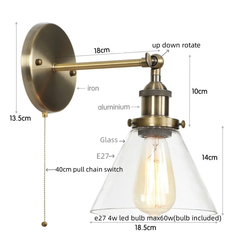 Afralia™ Clear Glass Iron LED Wall Sconce Rustic Industrial Vintage Plug In Light
