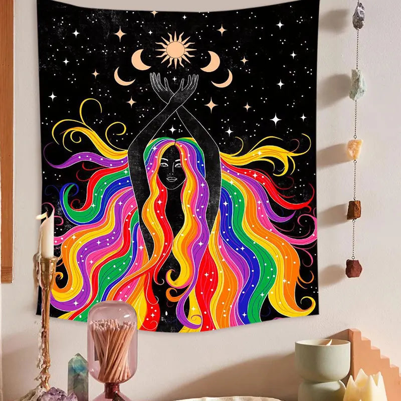 Moon Phase Rainbow Girl Tapestry for Afralia™ Home Decor