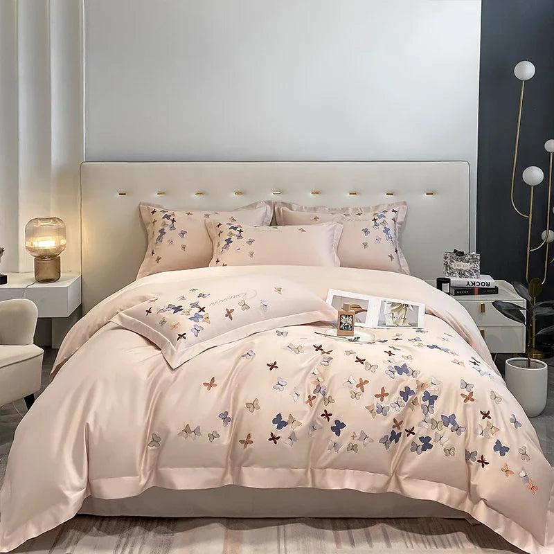 Afralia™ Butterfly Embroidery Cotton Luxury Bedding Set - 4Pcs