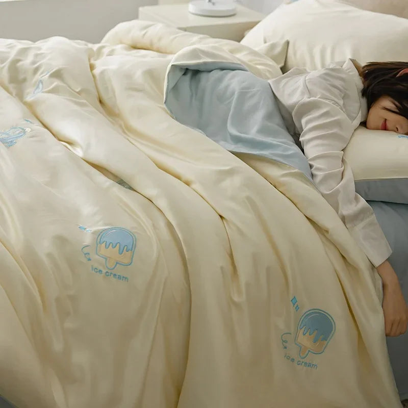 Afralia™ Cartoon Embroidery Comforter Set with Silky Cooling Touch Fitted Sheet - Luxury Rayon Bedding Set