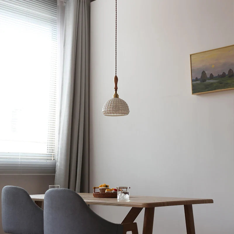 Afralia™ Ceramic LED Pendant Lights with Vintage Ash Wood Handle for Home Decor