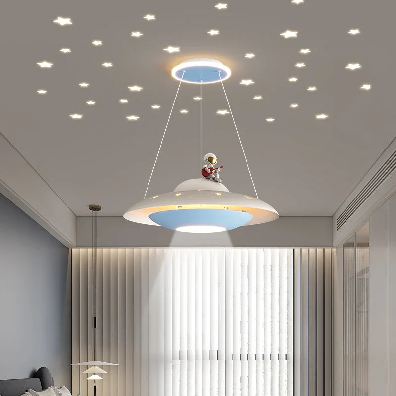 Afralia™ UFO Flying Saucer Space Chandelier for Children's Bedroom, Starry Lights Decor