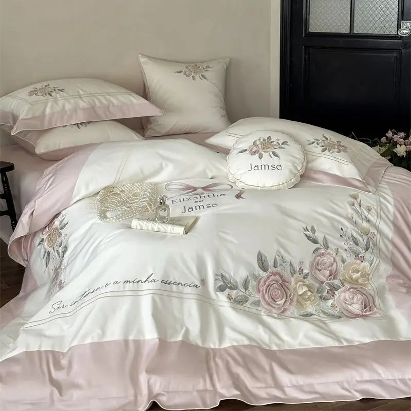 Afralia™ Peony Flowers Embroidery Princess 1000TC Egyptian Cotton Bedding Set 4Pcs