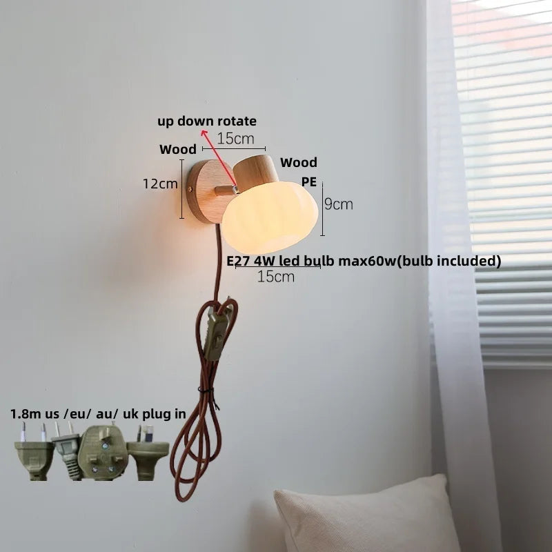 Afralia™ Amber Glass LED Wall Sconce Nordic Modern Wood Pull Chain Switch Stair Light