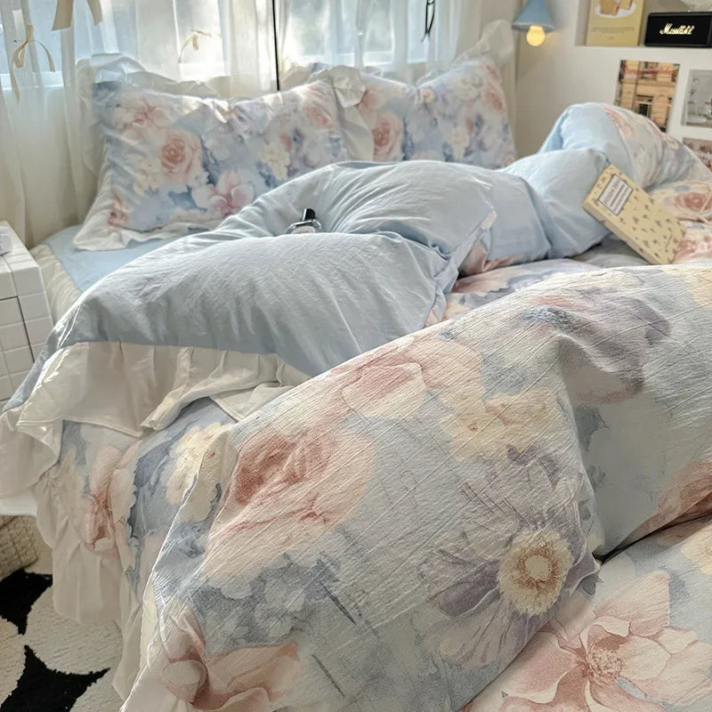 Afralia™ French Washed Cotton Princess Flower Quilt Cover Set - Spring Floral Bedding