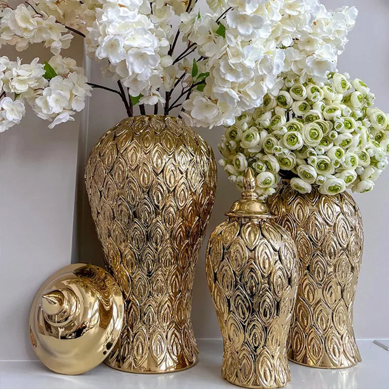 Afralia™ Gold Ceramic Vintage Bottle Ginger Pot Flower Vase Decor Ornament