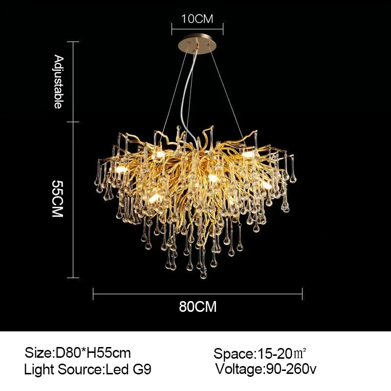Afralia™ Branch-shaped Golden Crystal Chandelier for Villa Bedroom and Living Room