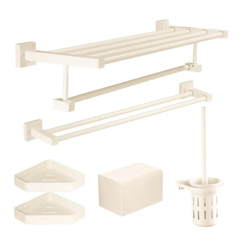 Afralia™ Bathroom Set: Cream White Shelf, Towel Rack, Paper Holder, Brush Holder & Hardware