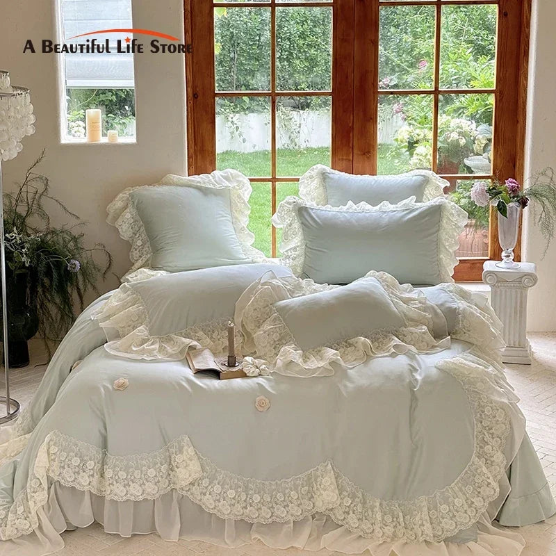 Afralia™ Princess Wedding Luxury Bedding Set 1200TC Egyptian Cotton Lace Ruffles Flowers Embroidery