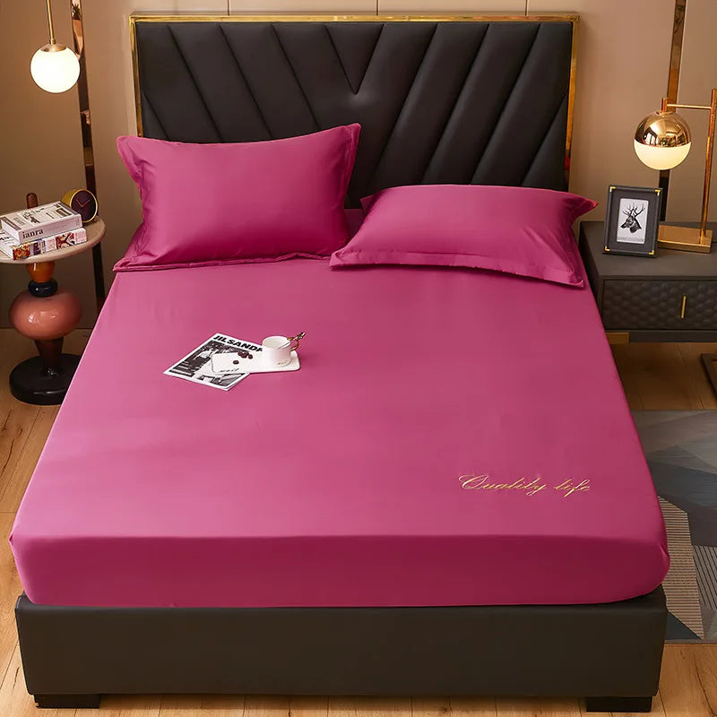 Afralia™ Silky Embroidered Fitted Sheet Set Queen Size Solid Color Luxury King Bedsheet